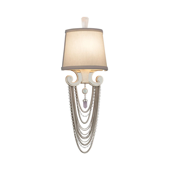 Flirt Collection 1-light sconce with polished crystal accents and hardback linen shade in silver leaf finish. (Corbett Lighting 157-11)