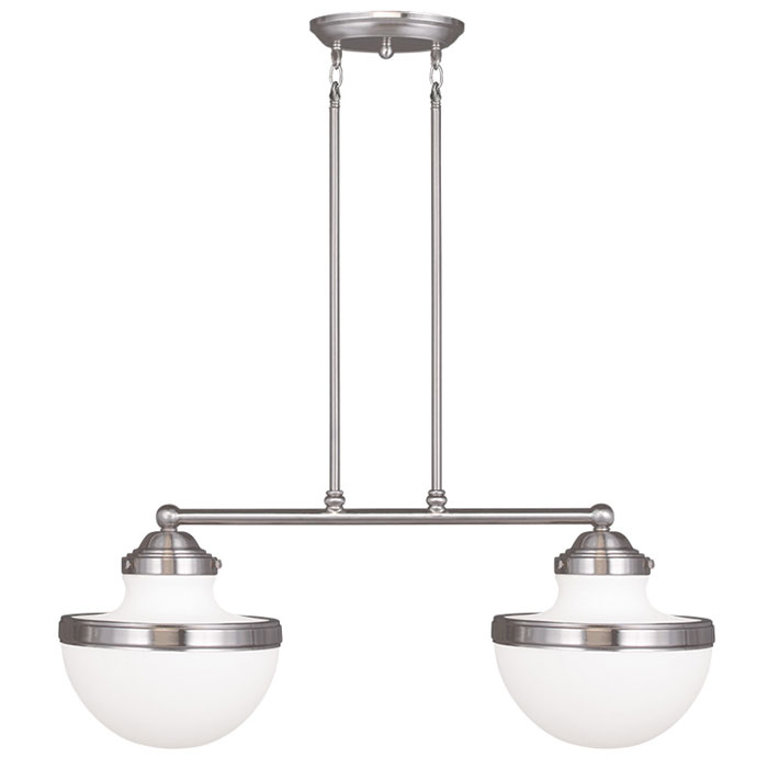 Oldwick Collection 2-light island fixture with handblown satin opal white glass shades in brushed nickel finish. (Livex Lighting 5717-91)