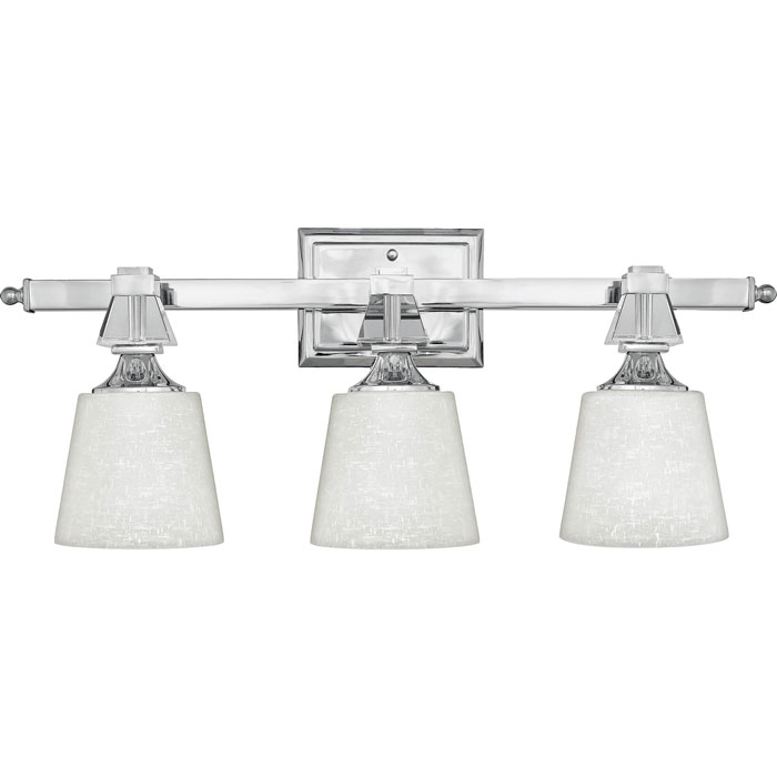 Deluxe Collection 3-light bath vanity light with white linen glass in polished chrome finish. (Quoizel DX8603C)