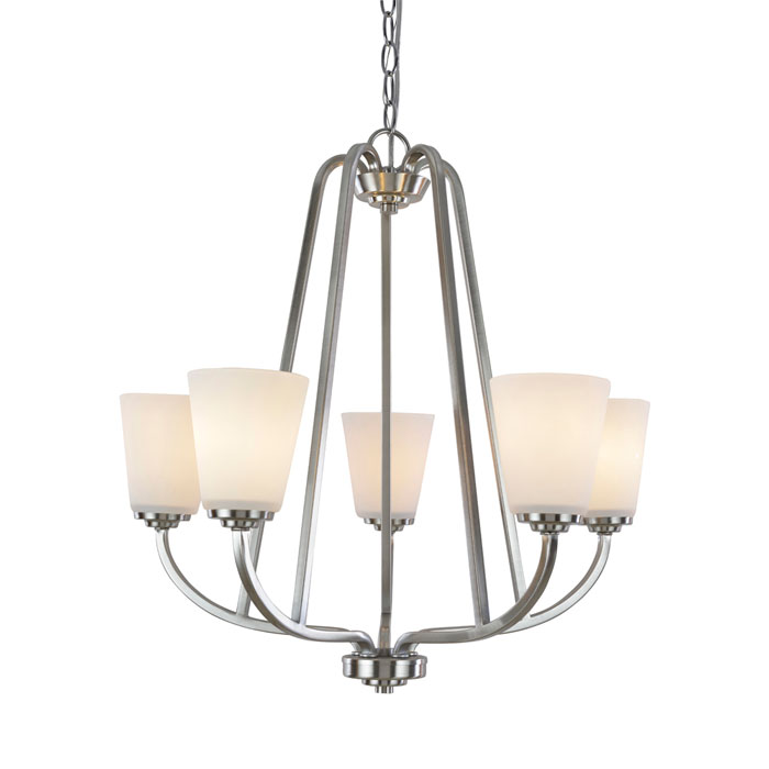 Hudson Collection 5-light chandelier with matte opal white cone shaped glassware in brushed nickel finish. (Artcraft AC10465BN)