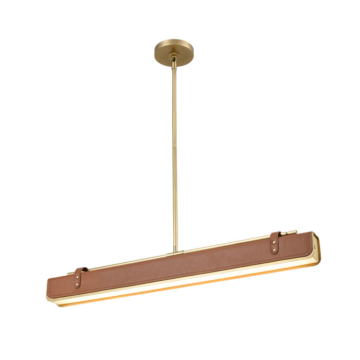 Valise Collection LED Linear Pendant in Vintage Brass with Cognac Leather Shade Cover Alora PD307931VBCL