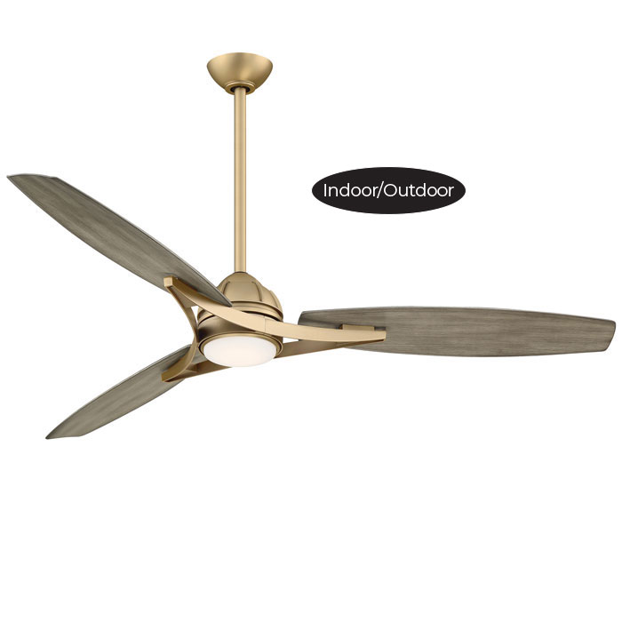 Molino LED Collection 65” 3-Blade Ceiling Fan in Soft Brass with Seashore Grey Blades and Integrated Etched Opal LED Light Minka Aire F742L-SBR