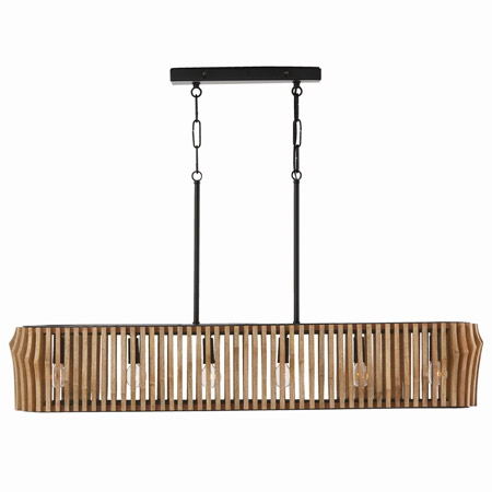 Archer Collection 6-Light Linear Island Pendant in Matte Black with Light Mango Wood Slatted Shade