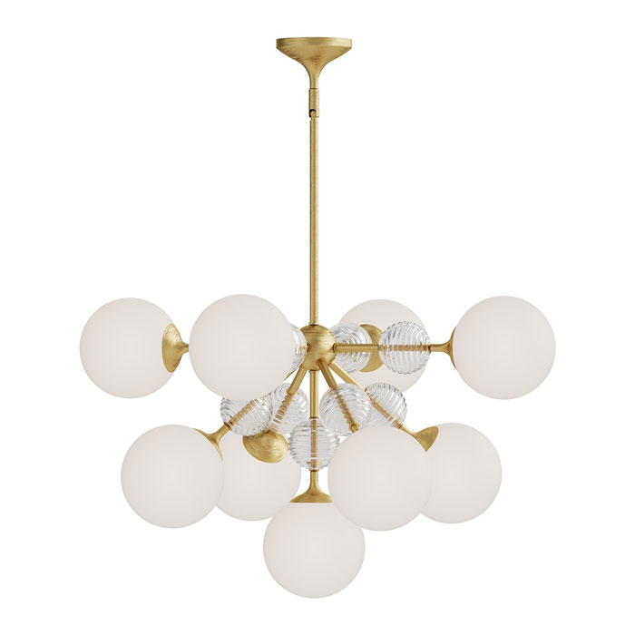 Celia Collection 9-Light Chandelier in Brushed Gold and Opal Matte Glass Globes with Clear Ribbed-Glass Accents Alora CH415331BGOP