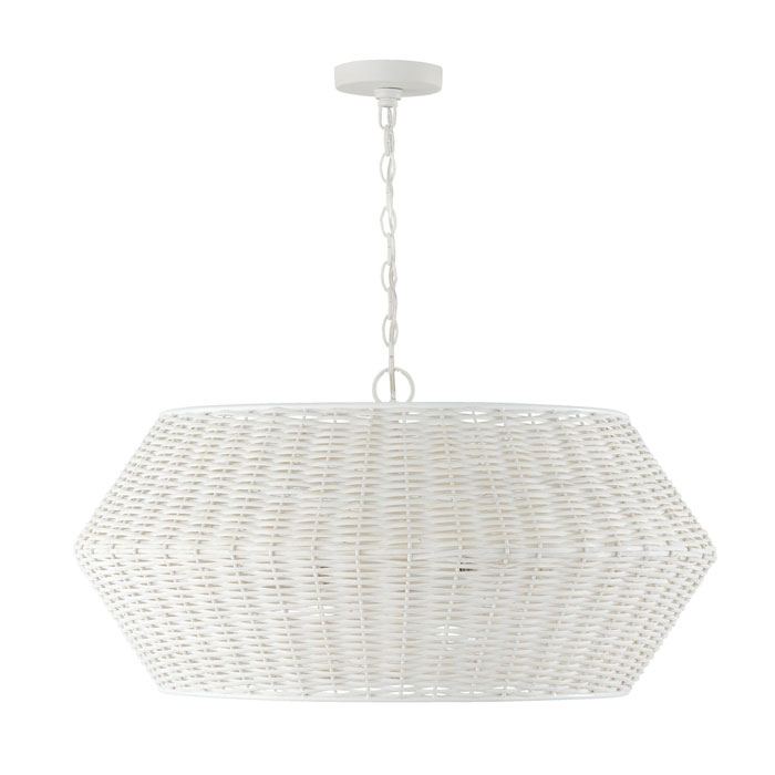 Boca Collection 6-Light Pendant in Chalk White with Hand-Woven Natural Rattan Angled Shade Capital Lighting 347861HH