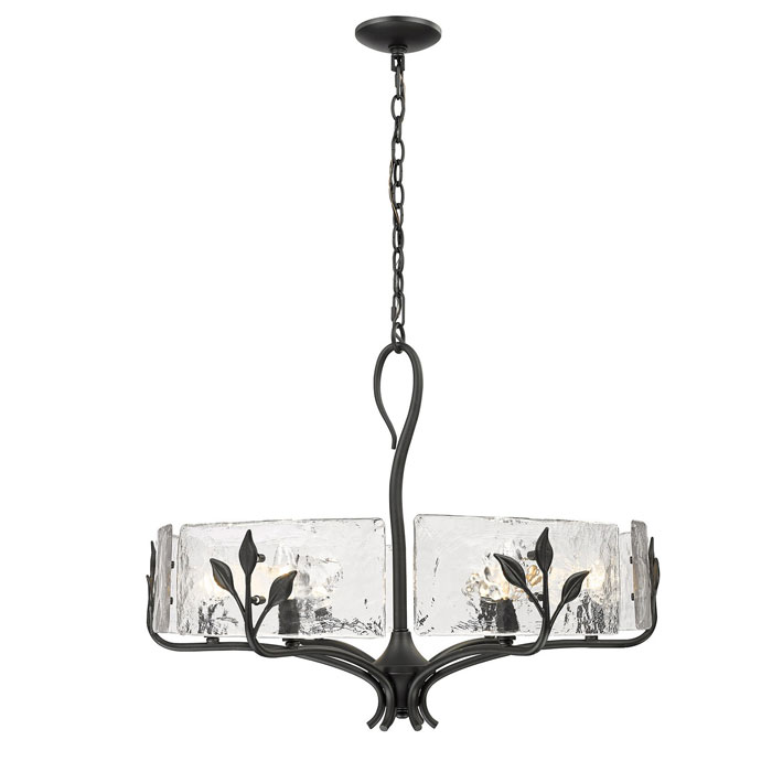 Calla Collection 6-Light Chandelier in Natural Black with Hammered Water Glass Shade and Leaf Accents Golden 3160-6 NB-HWG