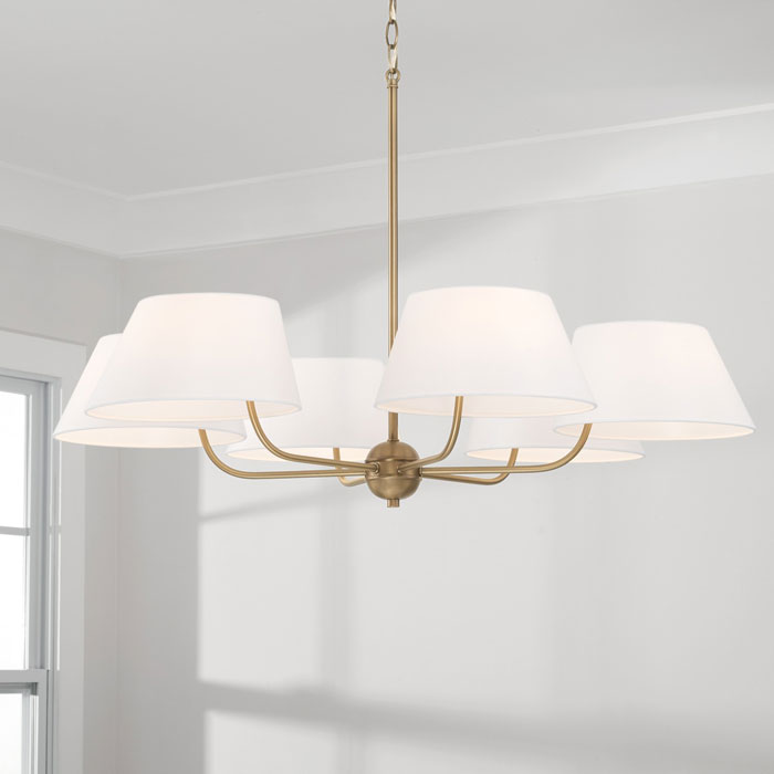 Welsley Collection 6-Light Chandelier in Aged Brass with Crisp White Fabric Drum shades Capital Lighting 450461AD