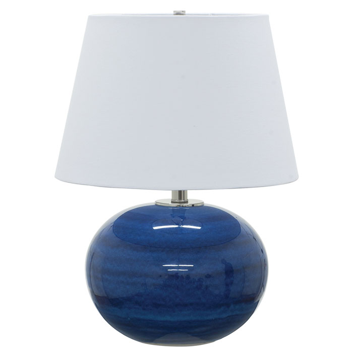 Scatchard Collection 1-Light Table lamp with Blue Gloss Stoneware Base and White Linen Hardback Shade House of Troy GS700-BG