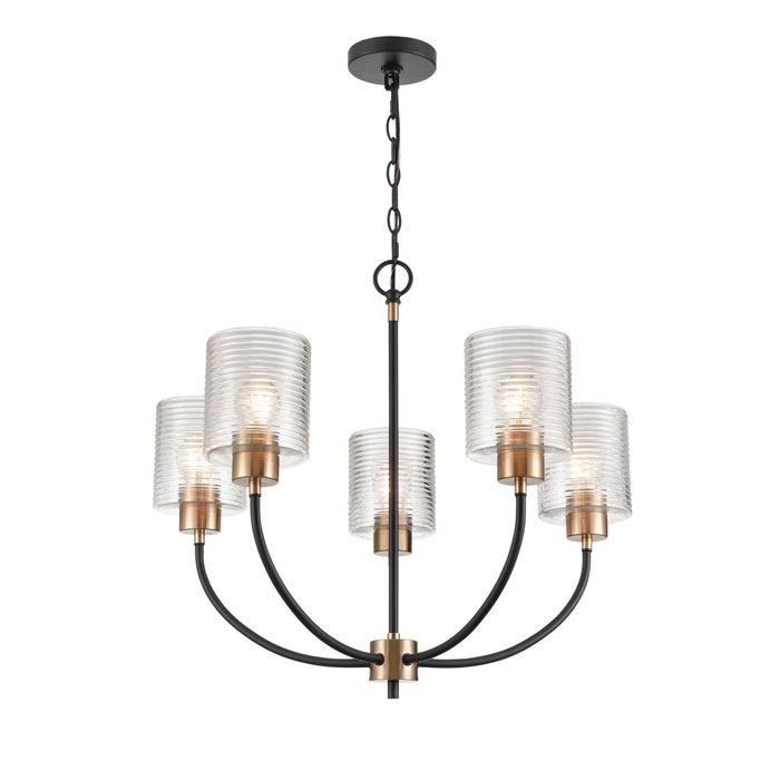 Renitta Collection 5-Light Chandelier in Matte Black with Modern Gold Accents and Clear Ribbed Glass Shades Millennium 9425-MB/MG