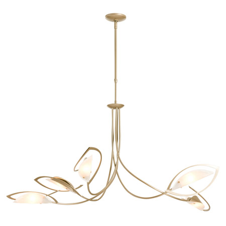 Aerial Collection 5-Light Pendant in Modern Brass with Frosted Glass Leaf Art Glass Shades Hubbardton Forge 137865-SKT-STND-86-FD0626