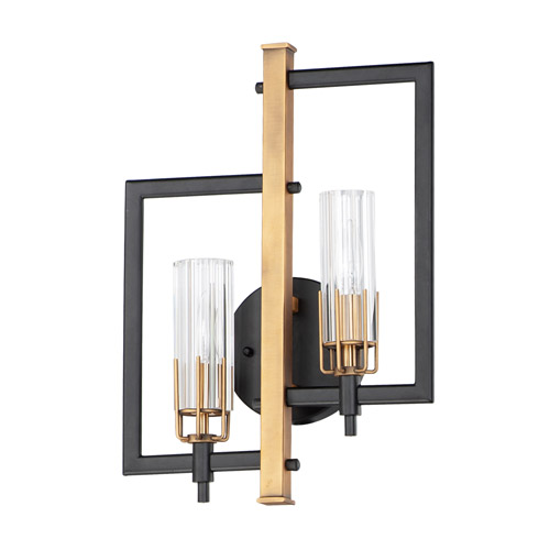 Flambeau Collection 2-Light Wall Sconce in Black and Antique Brass with Clear Scalloped Glass Hurricane Shades Maxim 16112CLBKAB